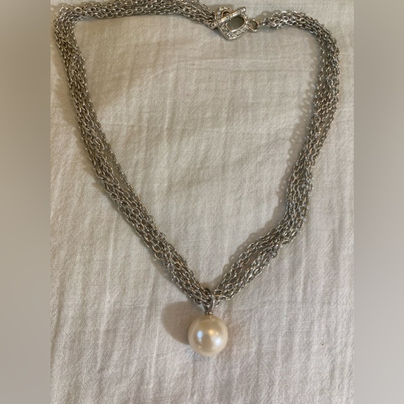Multi Silver Tone Chain Necklace with Faux‎ Pearl Necklace - Picture 1 of 7